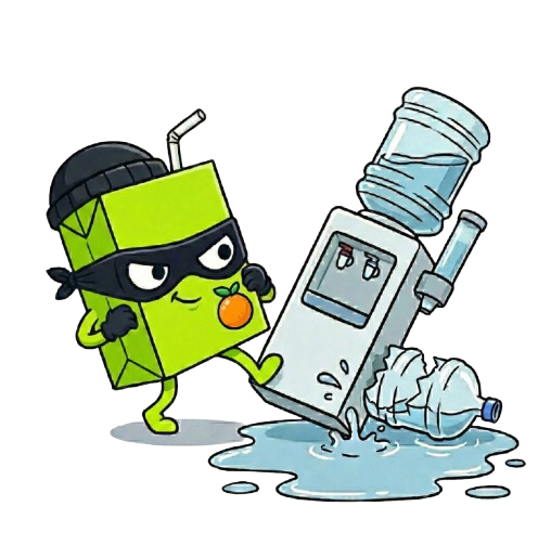 Juice box character defeating water cooler